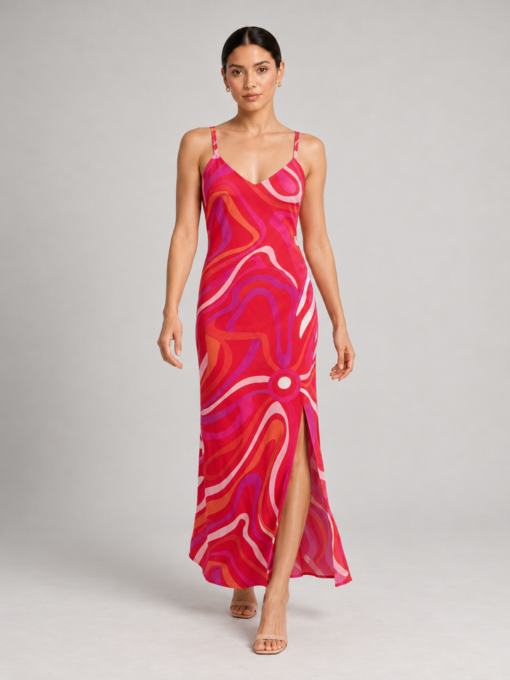 Retro Psychedelic Swirl Print Silk Slip Maxi Dress