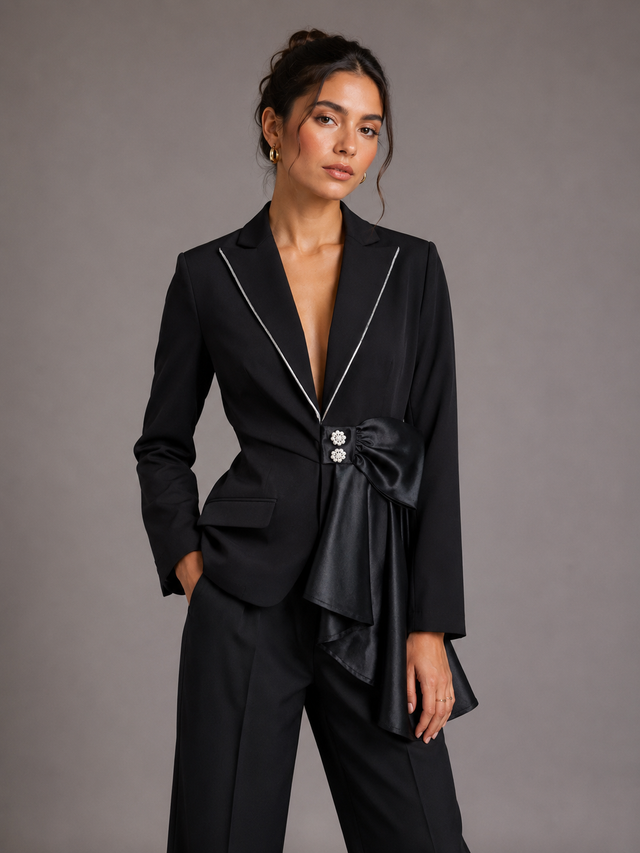 Bettina Black Satin-Bow Blazer