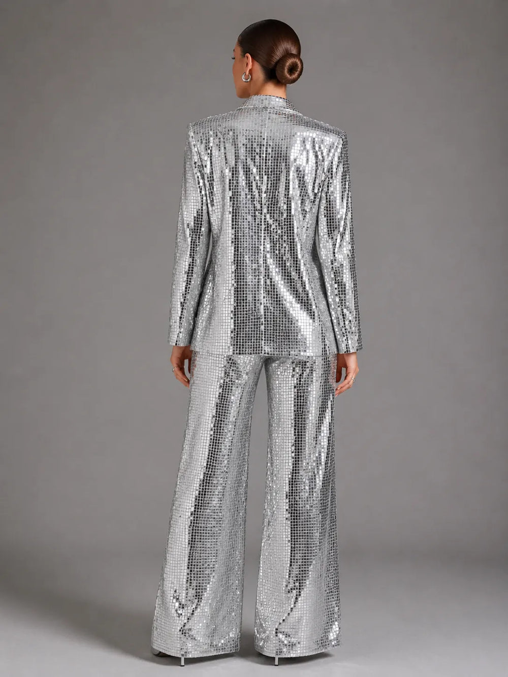 Silver Square Sequin Peak Lapel Blazer & High Waist Full Flare Trousers 2-Piece Party Suit