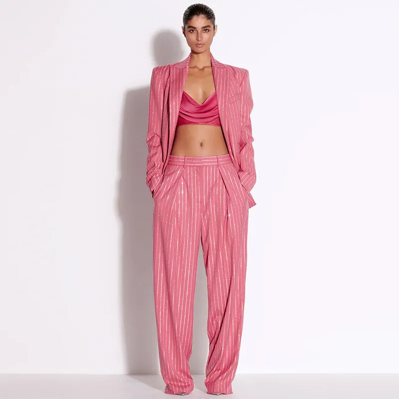 Glitter Vertical Stripe Single Button Blazer &amp; Straight Suit Pants 2-Piece Set