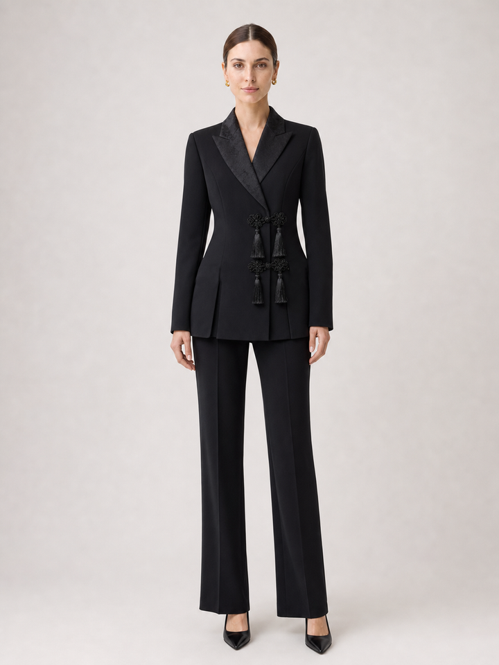 Evelyn Black Satin-Lapel Tailored Suit Set