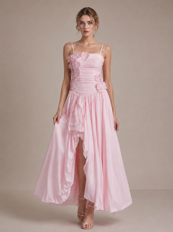 Fleur Floral-Appliqué Ruched Slit Maxi Dress