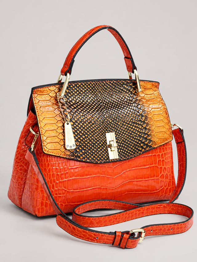 Colorblock Snake-Effect Top Handle Bag