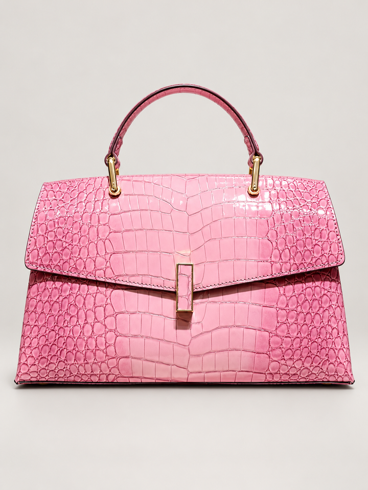 Croc-Embossed Top Handle Bag with Gold-Tone Clasp