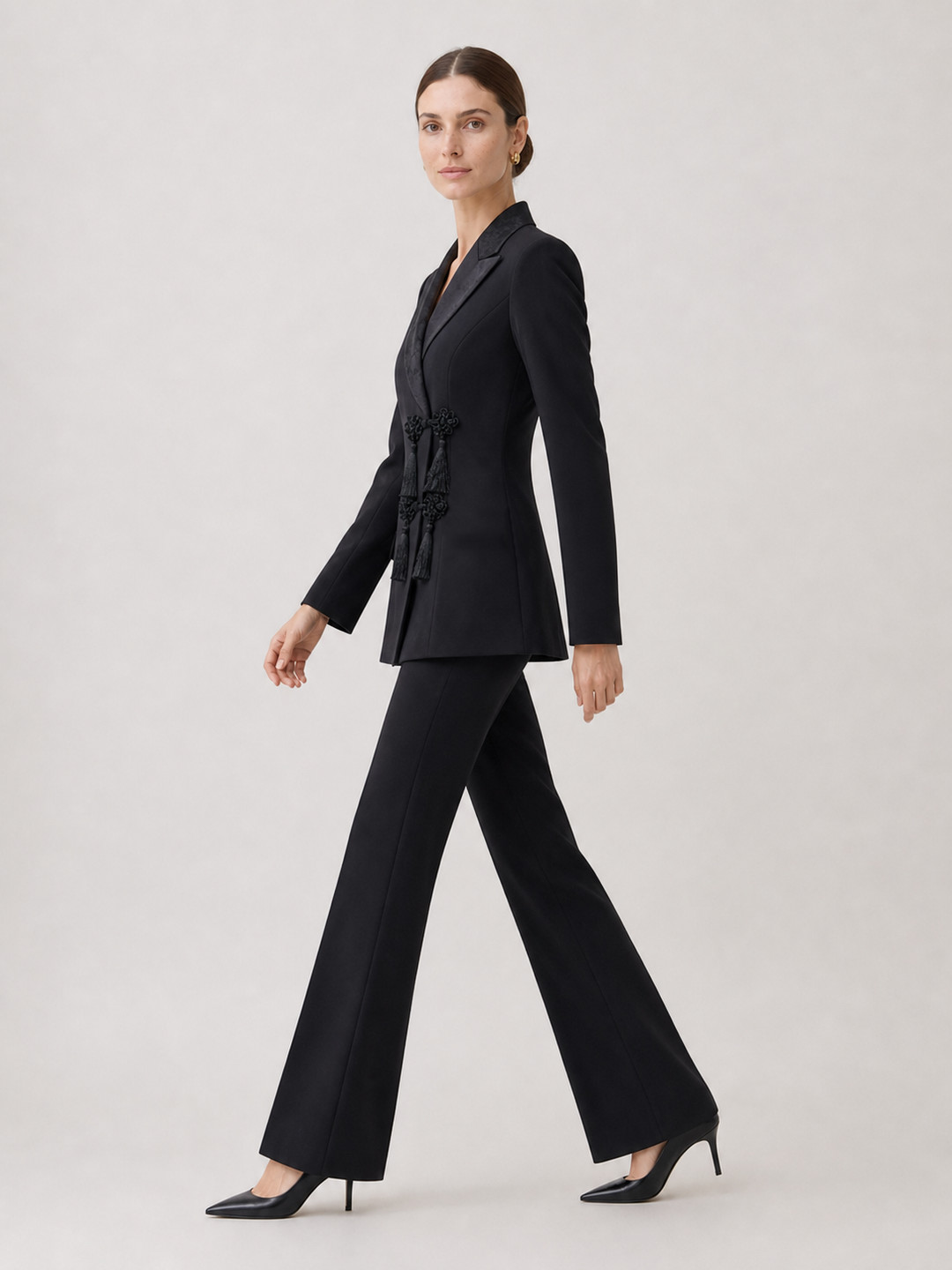Evelyn Black Satin-Lapel Tailored Suit Set