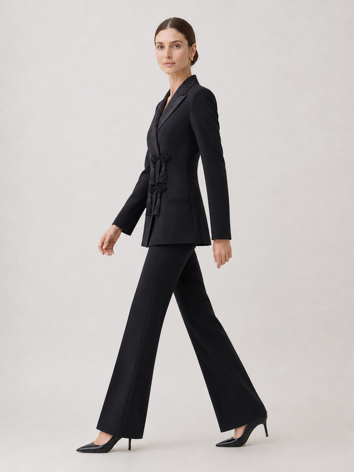 Evelyn Black Satin-Lapel Tailored Suit Set