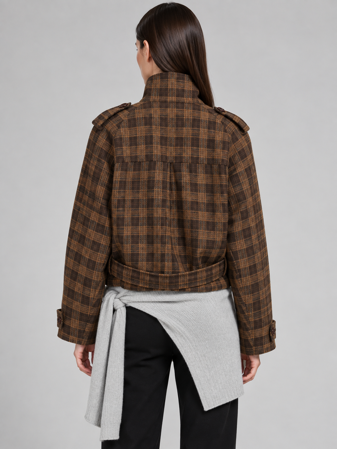 Brown Plaid High-Neck Jacket - 3