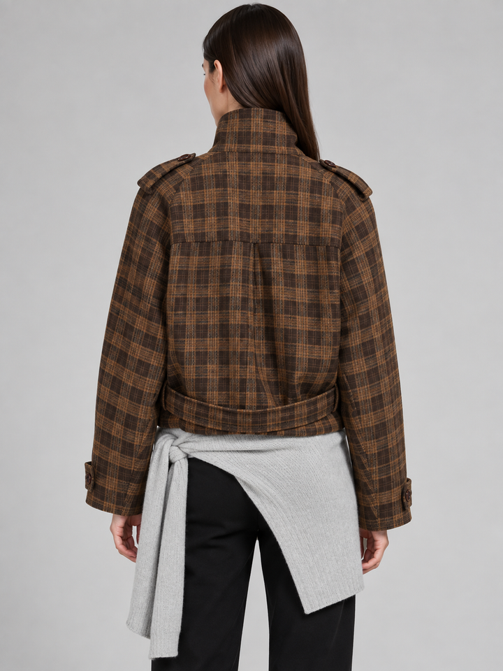 Brown Plaid High-Neck Jacket - 3