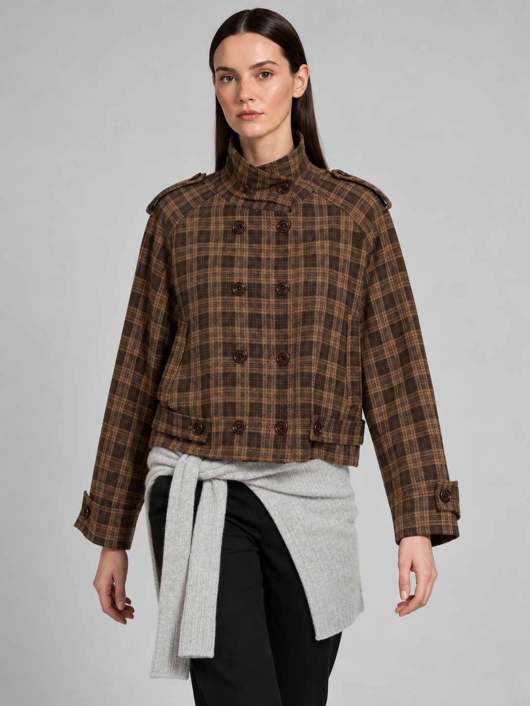 Brown Plaid High-Neck Jacket - 1