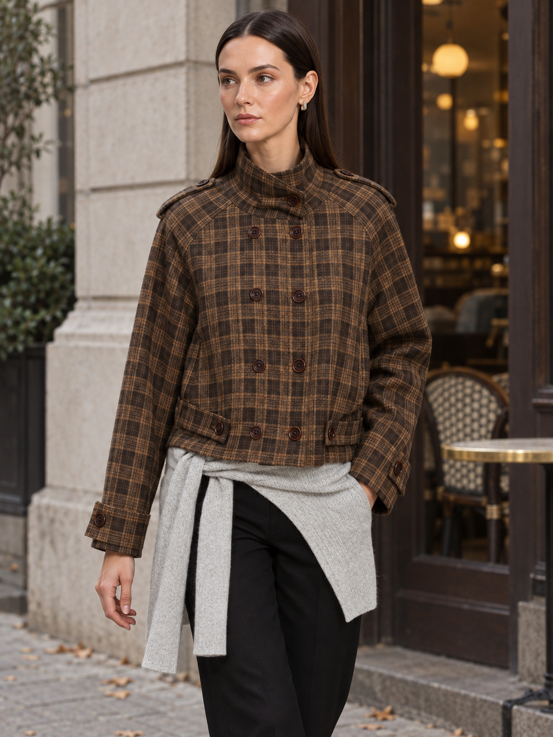 Brown Plaid High-Neck Jacket - 4