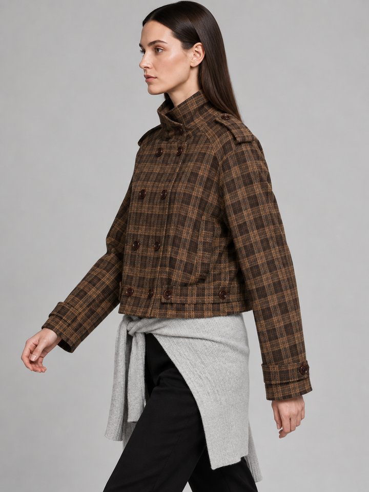 Brown Plaid High-Neck Jacket - 2