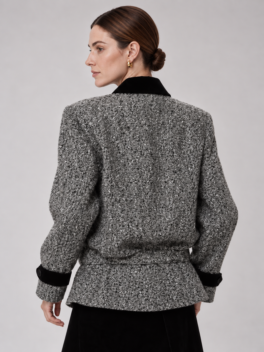 Gray Tweed Contrast-Collar Belted Jacket - 3