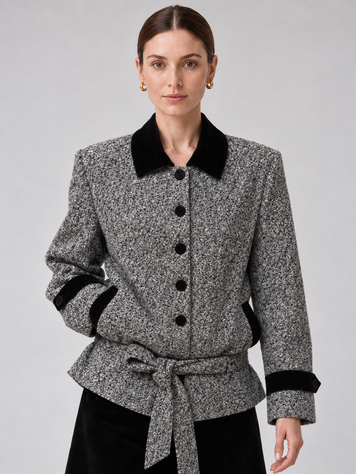 Gray Tweed Contrast-Collar Belted Jacket - 1