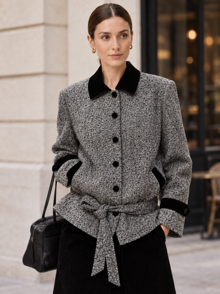 Gray Tweed Contrast-Collar Belted Jacket - 4