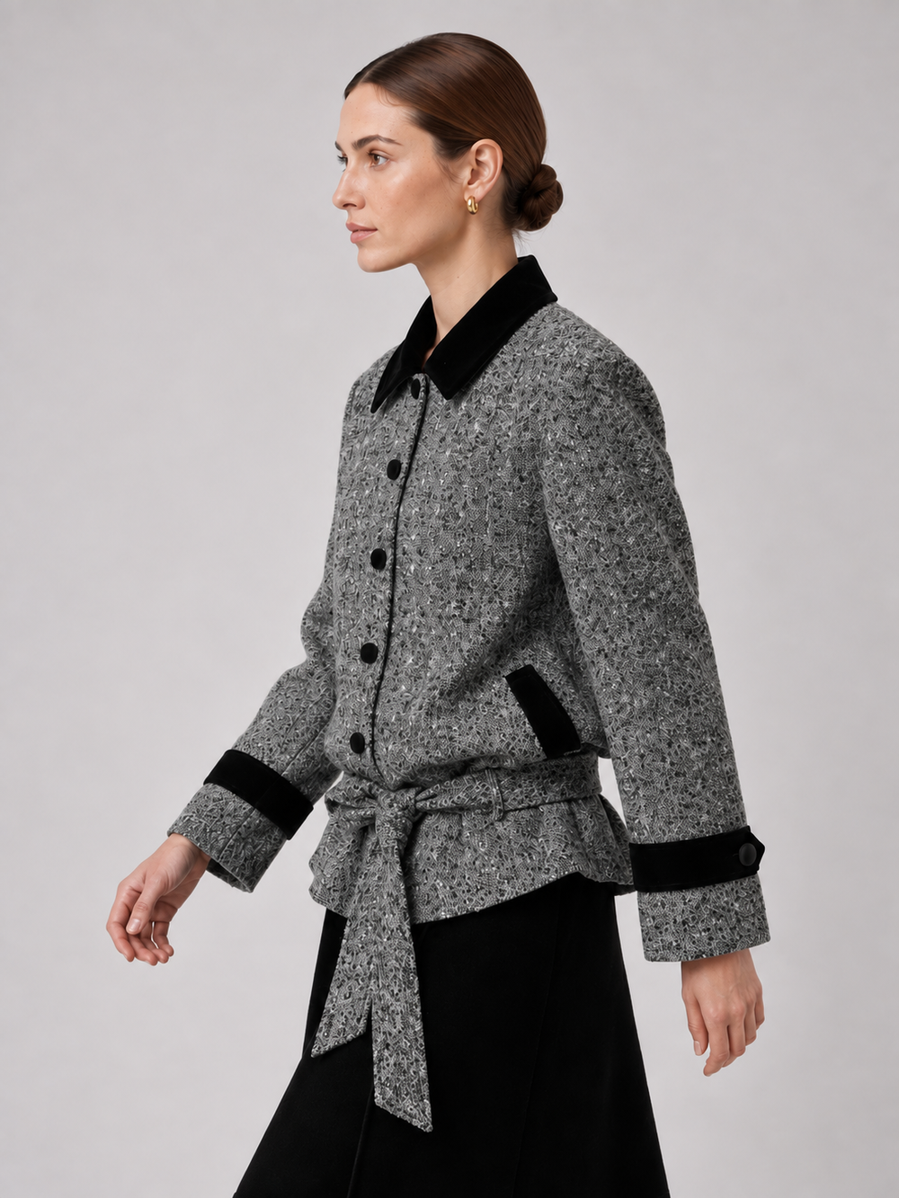 Gray Tweed Contrast-Collar Belted Jacket - 2