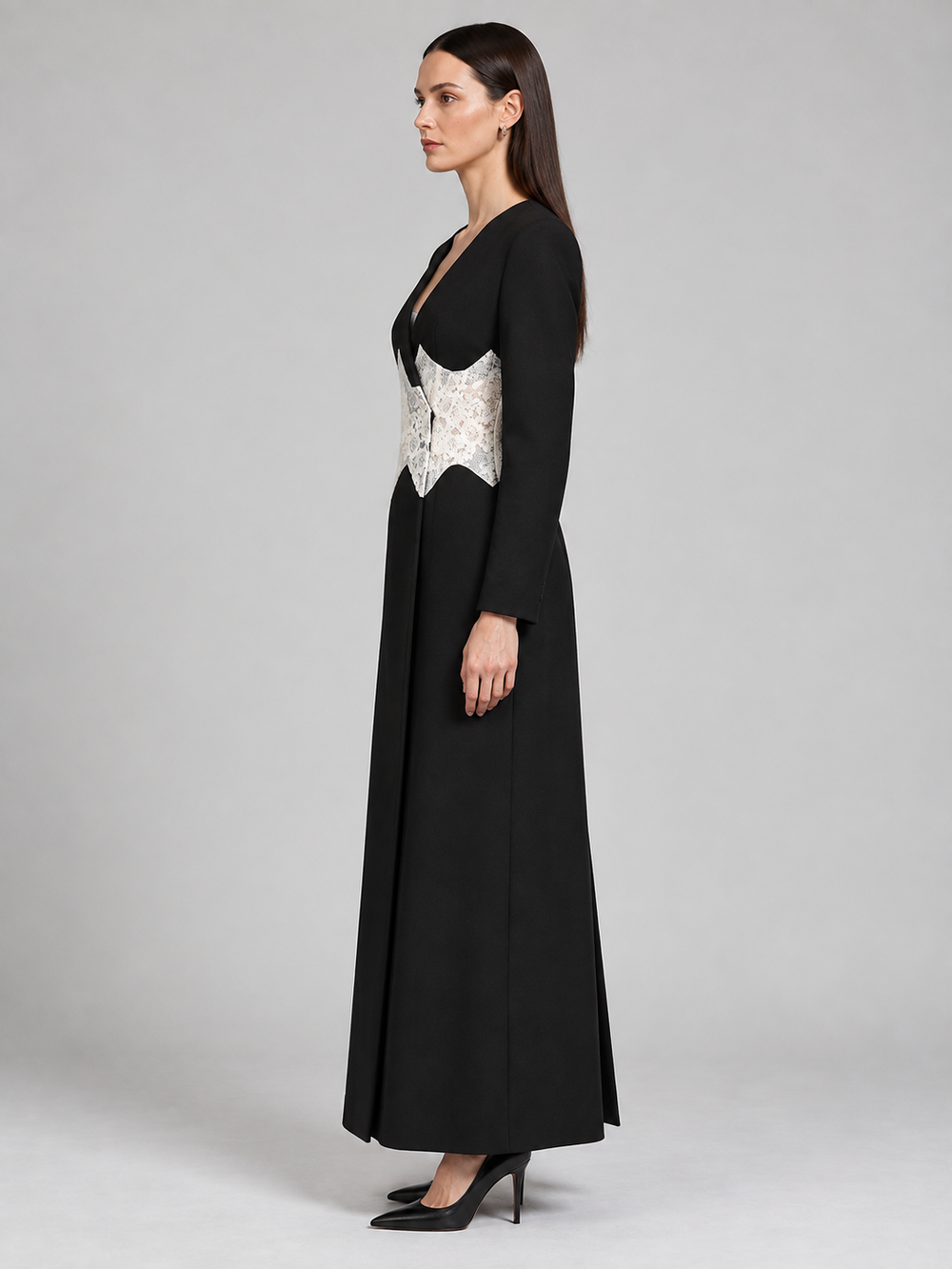 Black Lace Corset Panel Maxi Dress - 2