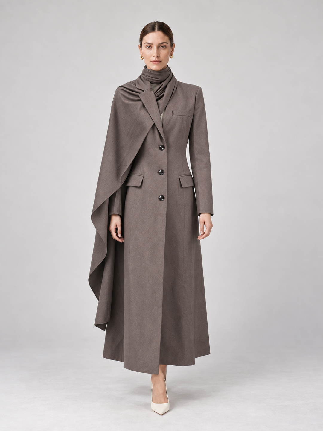 Two-Tone Draped Cape Maxi Coat - 5