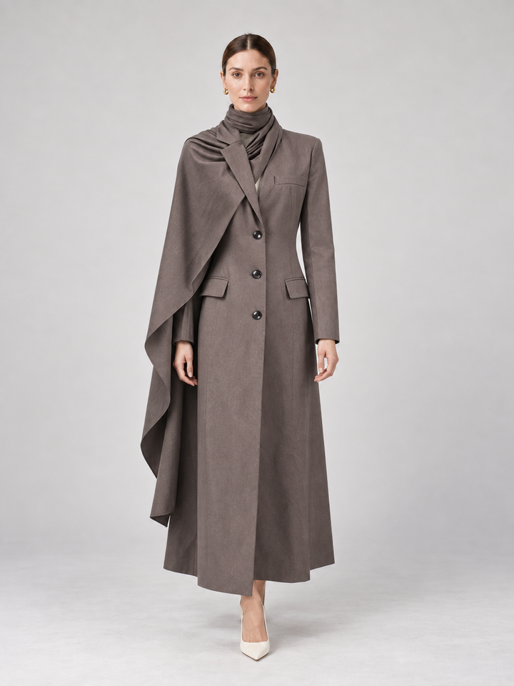 Two-Tone Draped Cape Maxi Coat - 5
