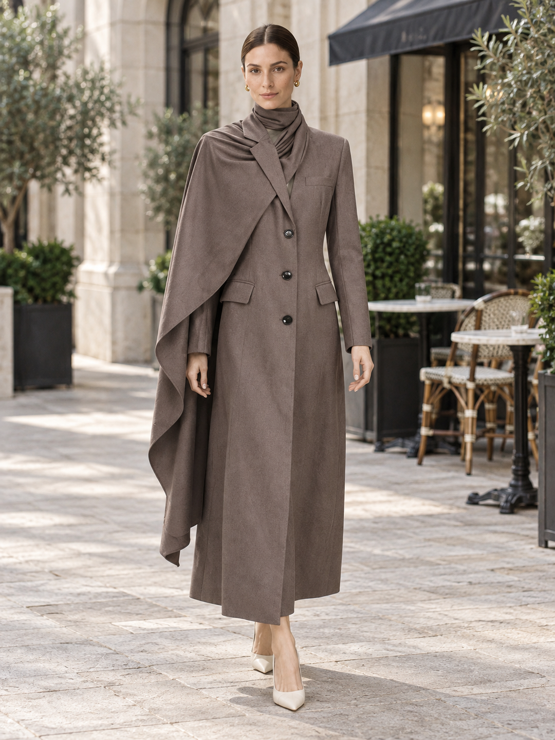 Two-Tone Draped Cape Maxi Coat - 8