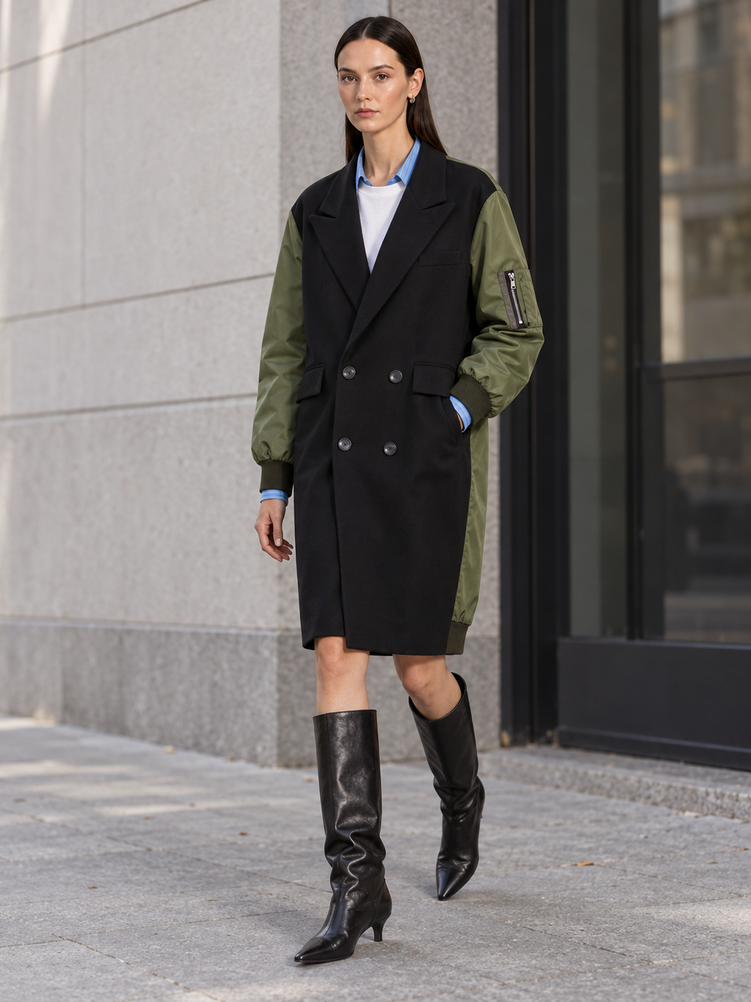 Black Olive Mixed-Media Long Vest - 4