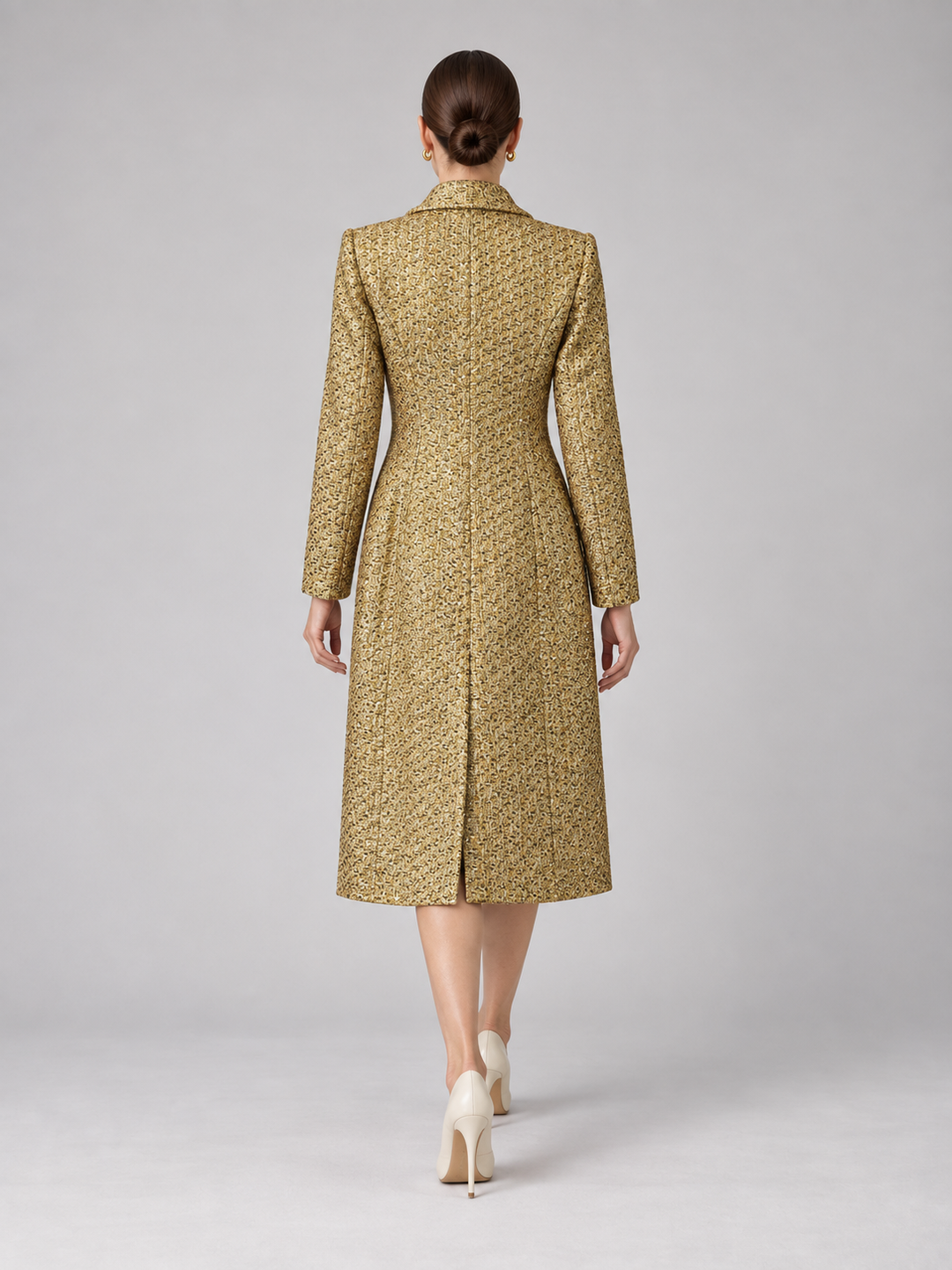 Gold Tweed Double-Breasted Midi Coat - 3