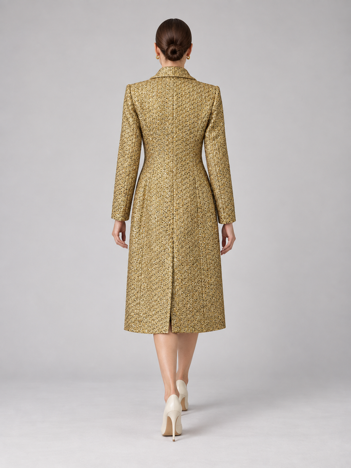 Gold Tweed Double-Breasted Midi Coat - 3