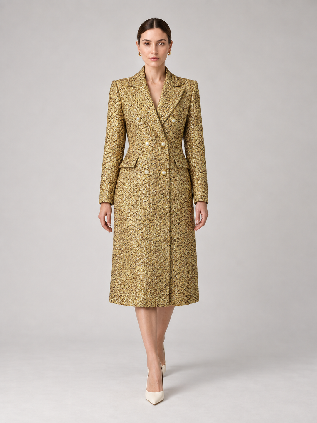 Gold Tweed Double-Breasted Midi Coat - 1