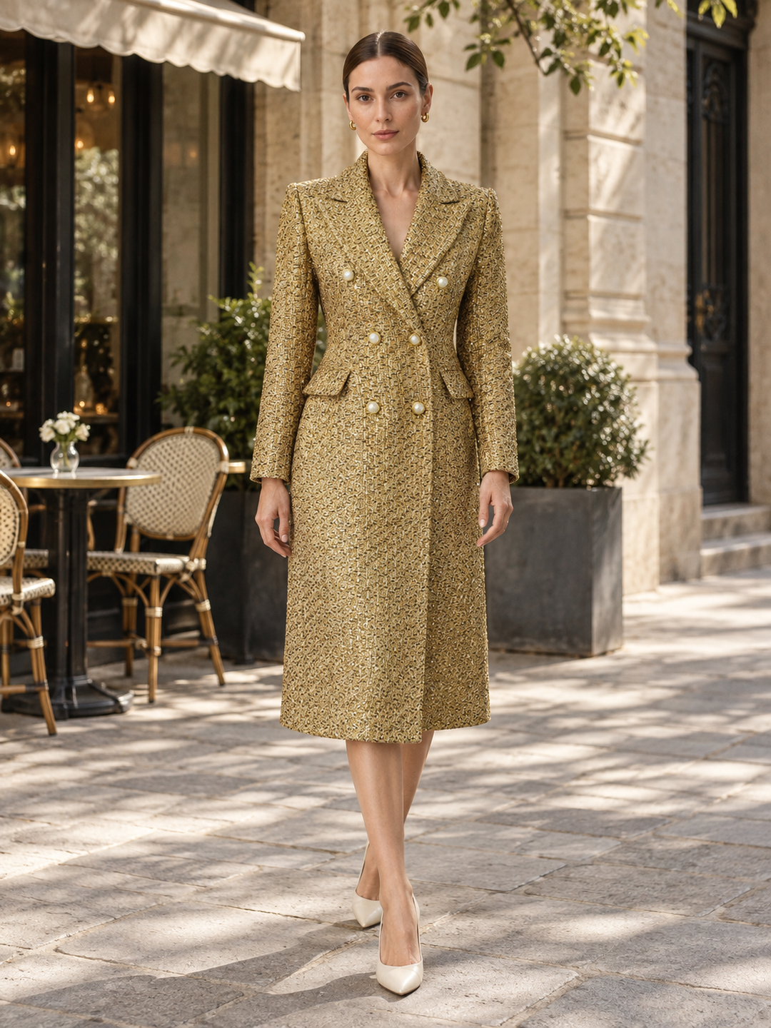 Gold Tweed Double-Breasted Midi Coat - 4