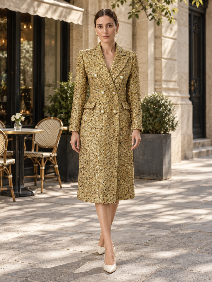 Gold Tweed Double-Breasted Midi Coat - 4