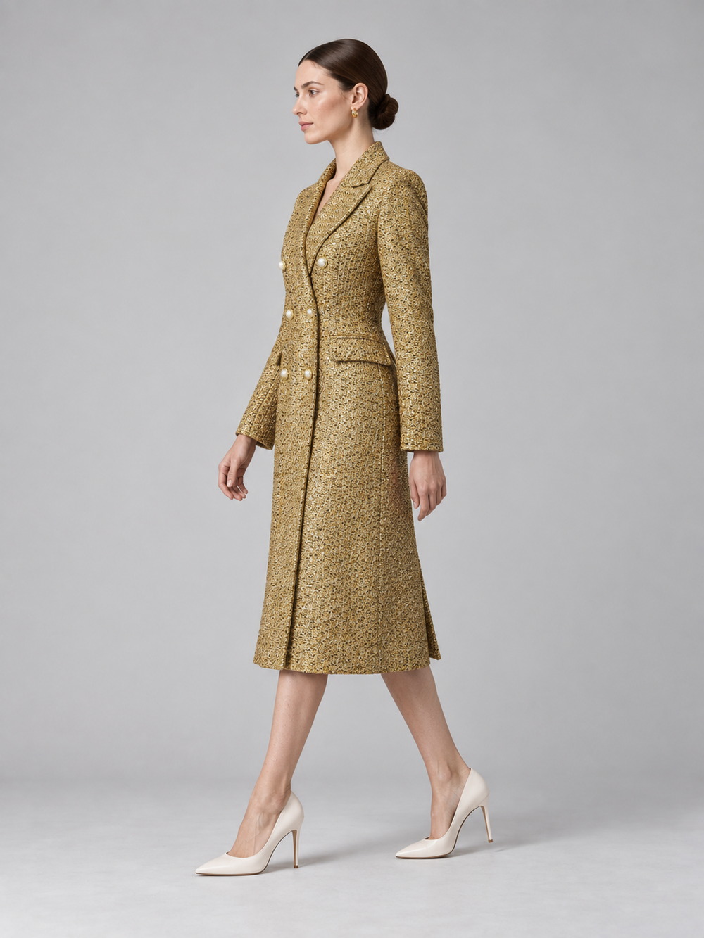 Gold Tweed Double-Breasted Midi Coat - 2