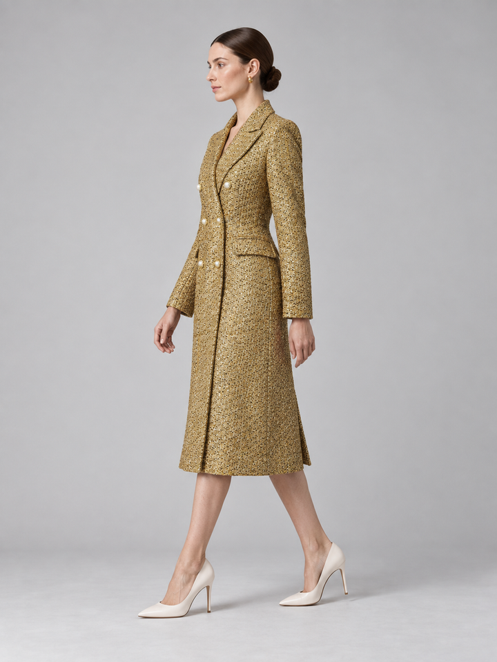 Gold Tweed Double-Breasted Midi Coat - 2
