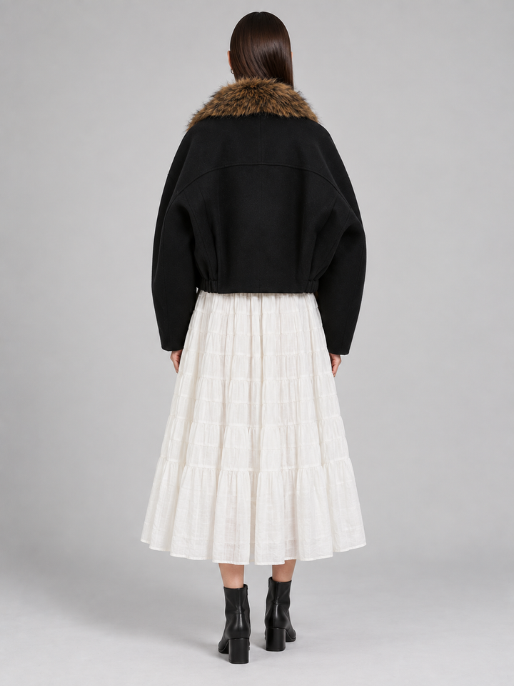 Black Faux-Fur Collar Cropped Jacket - 3