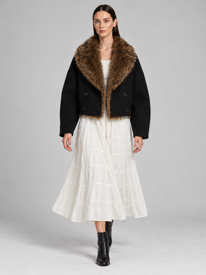 Black Faux-Fur Collar Cropped Jacket - 1