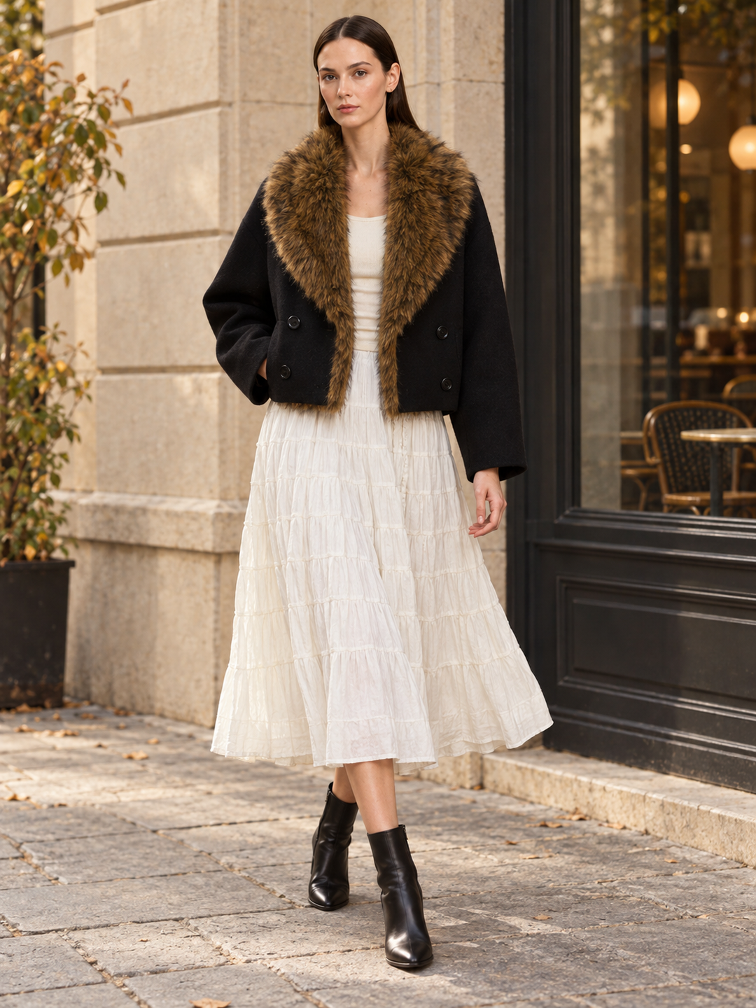 Black Faux-Fur Collar Cropped Jacket - 4