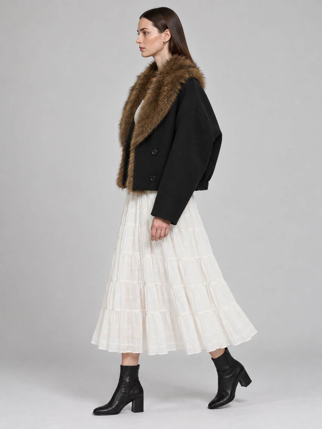 Black Faux-Fur Collar Cropped Jacket - 2