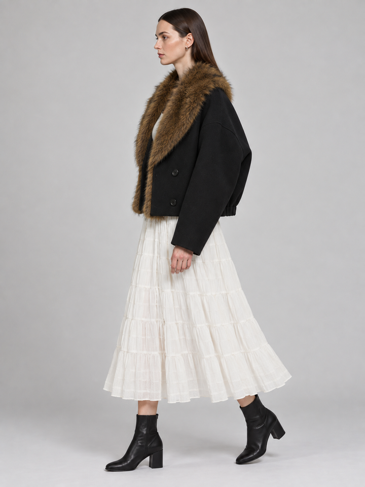 Black Faux-Fur Collar Cropped Jacket - 2