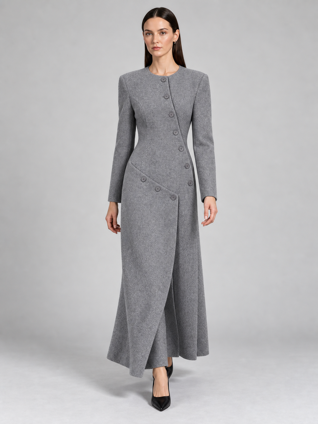 Gray Fitted Button-Front Maxi Dress - 1