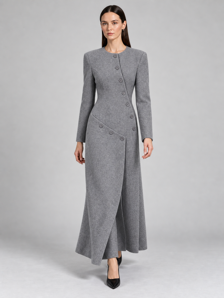 Gray Fitted Button-Front Maxi Dress - 1
