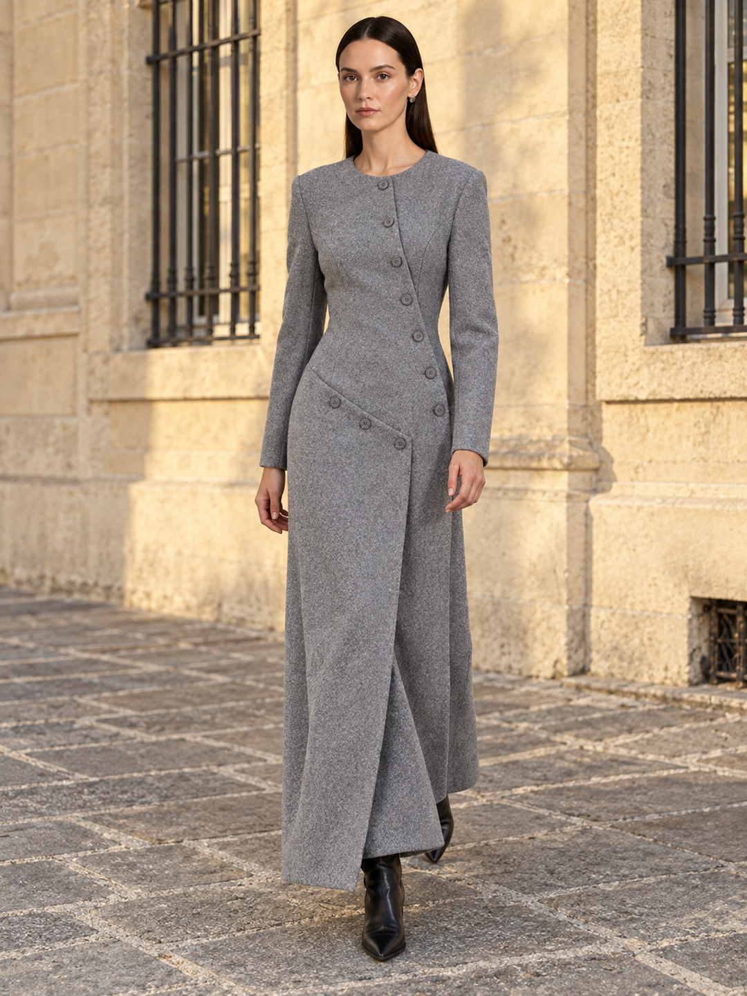 Gray Fitted Button-Front Maxi Dress - 4