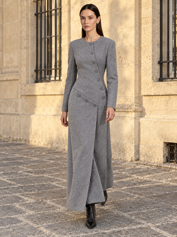 Gray Fitted Button-Front Maxi Dress - 4
