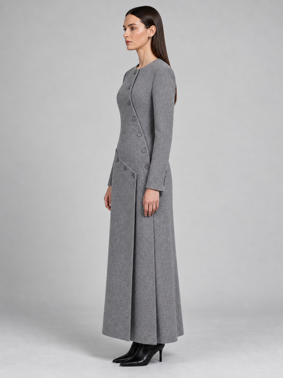 Gray Fitted Button-Front Maxi Dress - 2