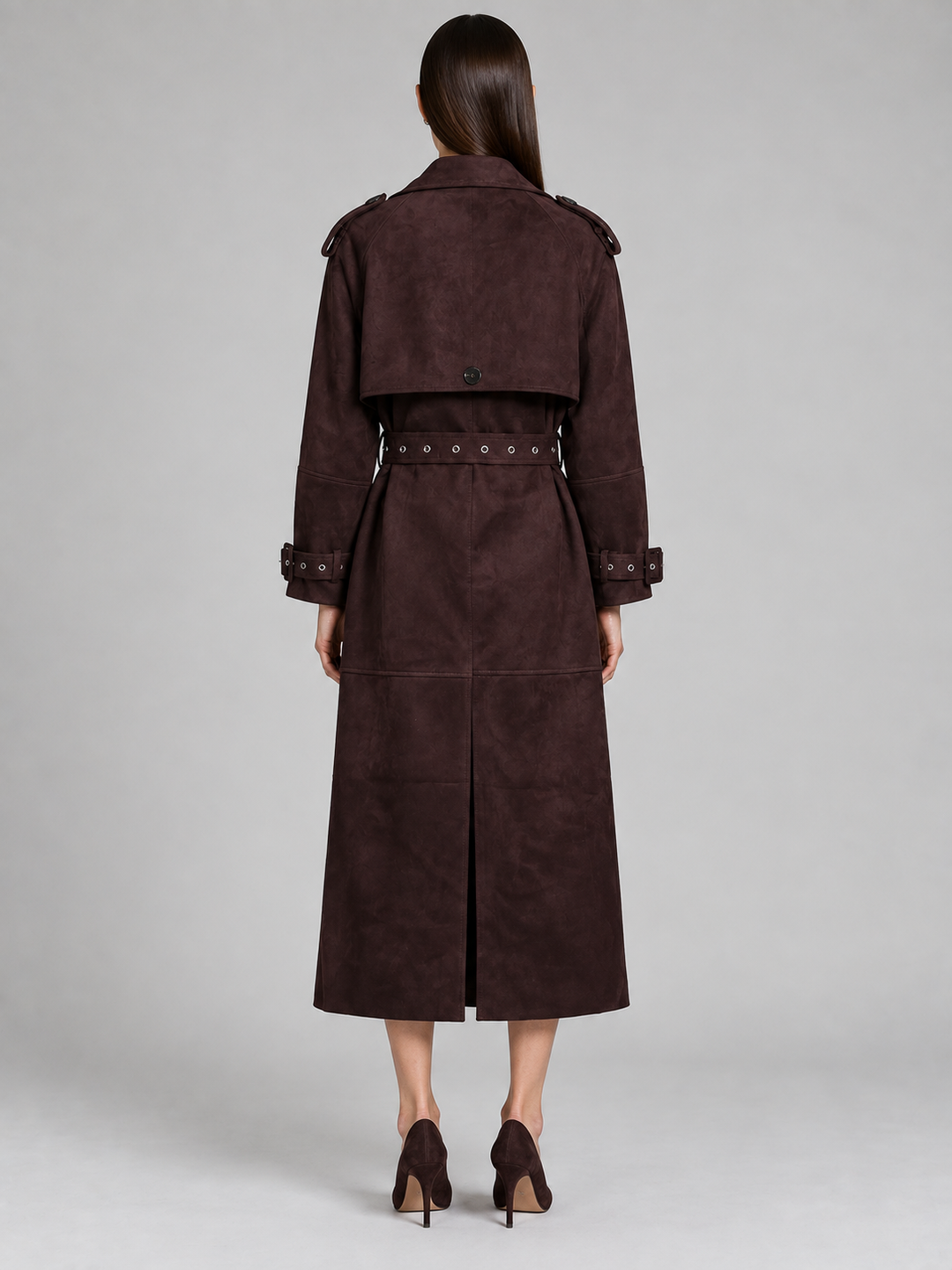Burgundy Textured Belted Trench Coat - 3