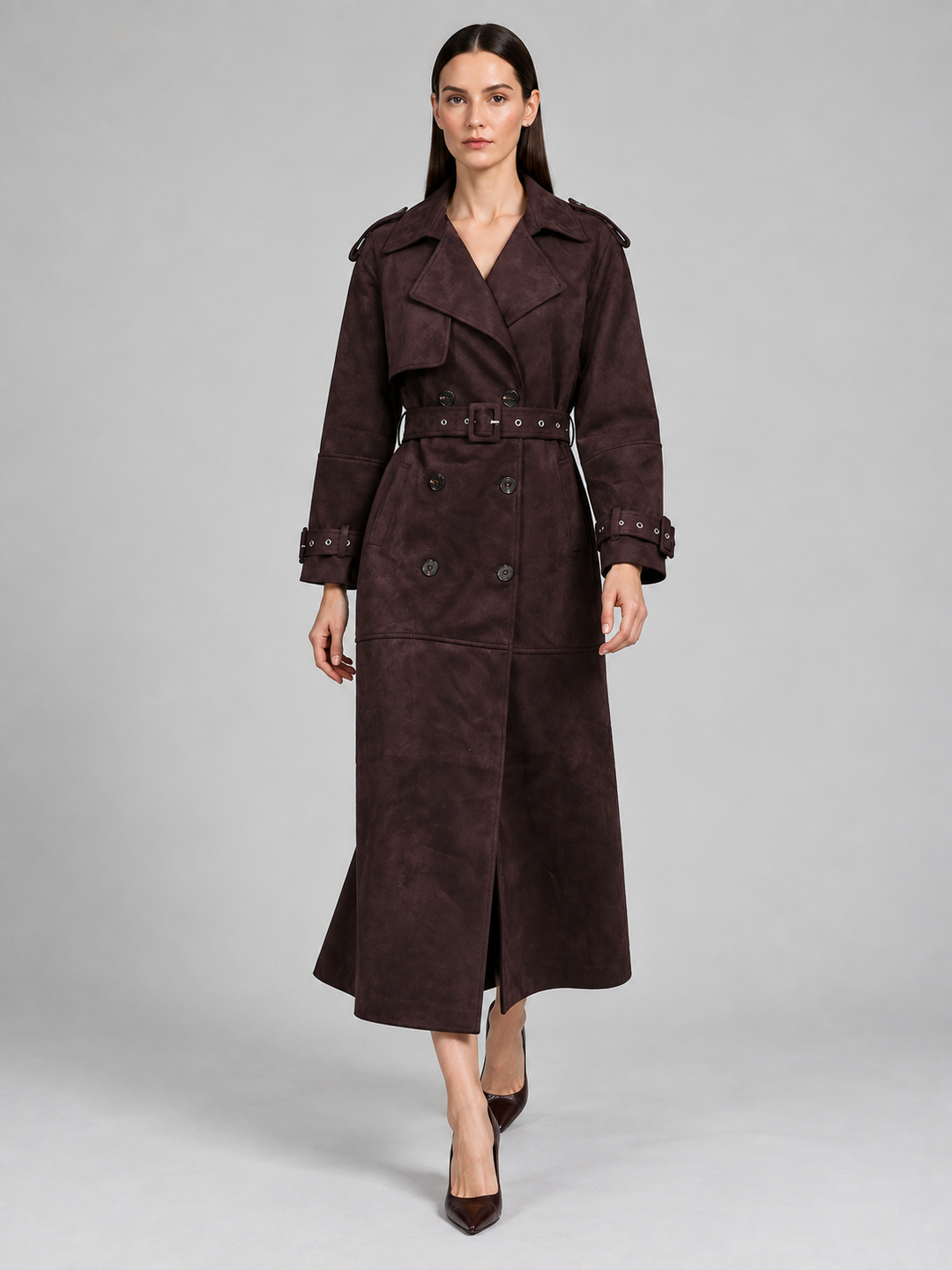 Burgundy Textured Belted Trench Coat - 1