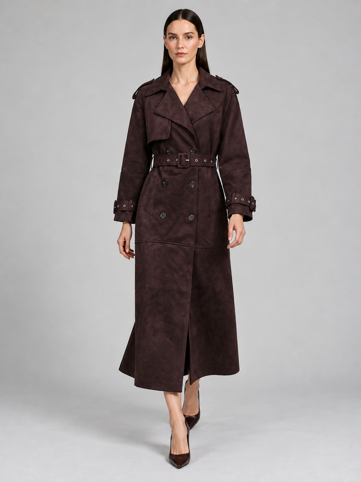 Burgundy Textured Belted Trench Coat - 1
