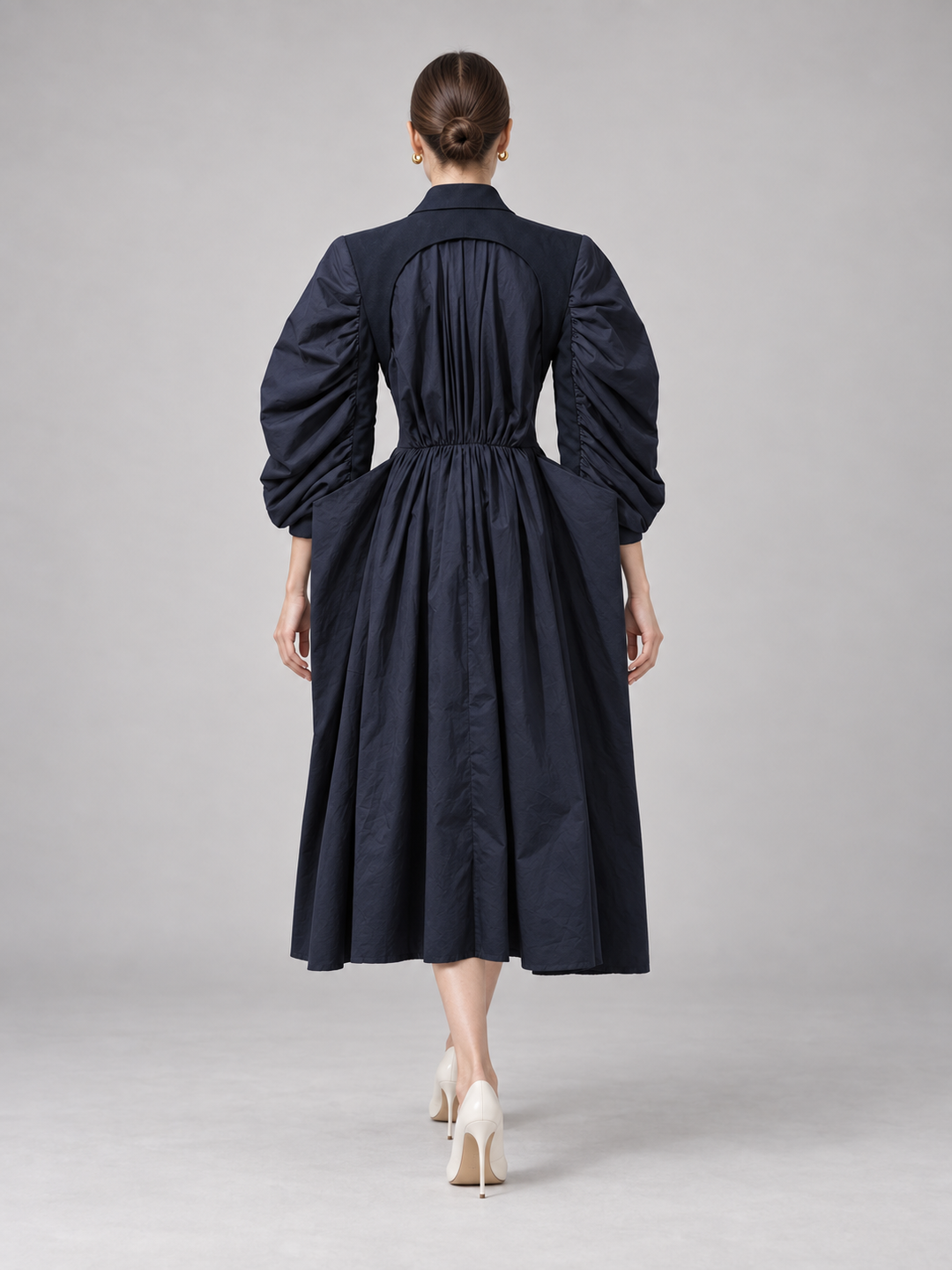 Navy Ruched-Sleeve Midi Dress - 3