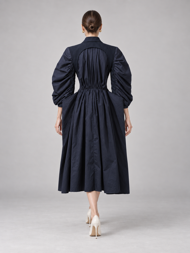 Navy Ruched-Sleeve Midi Dress - 3