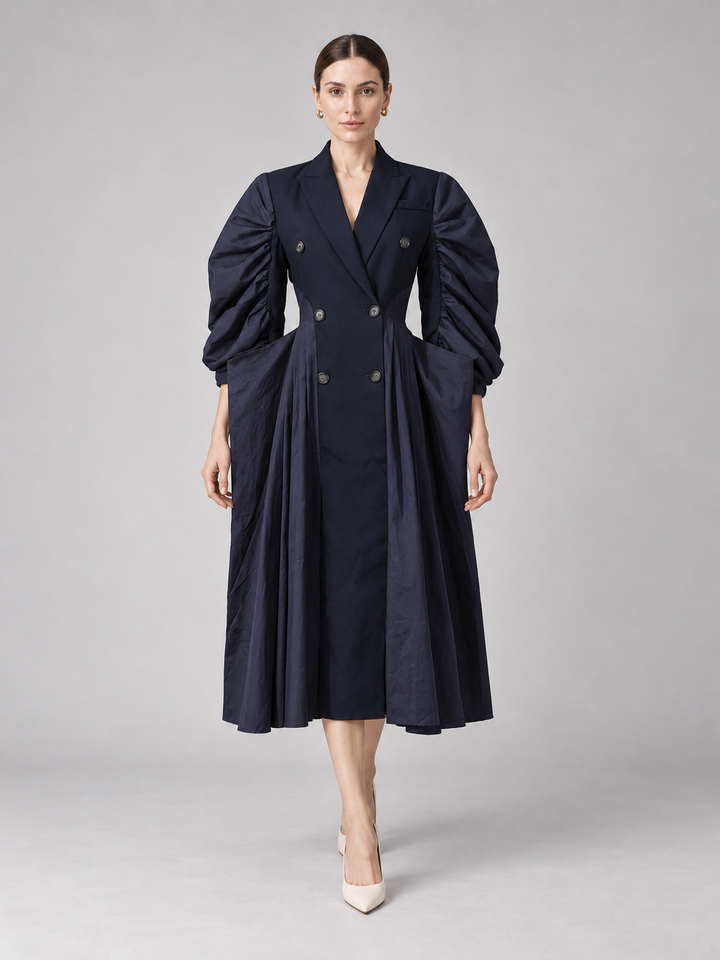 Navy Ruched-Sleeve Midi Dress - 1
