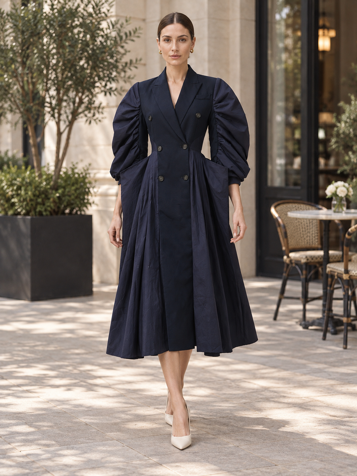 Navy Ruched-Sleeve Midi Dress - 4