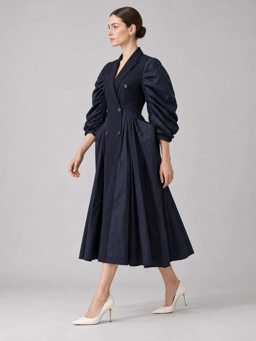 Navy Ruched-Sleeve Midi Dress - 2