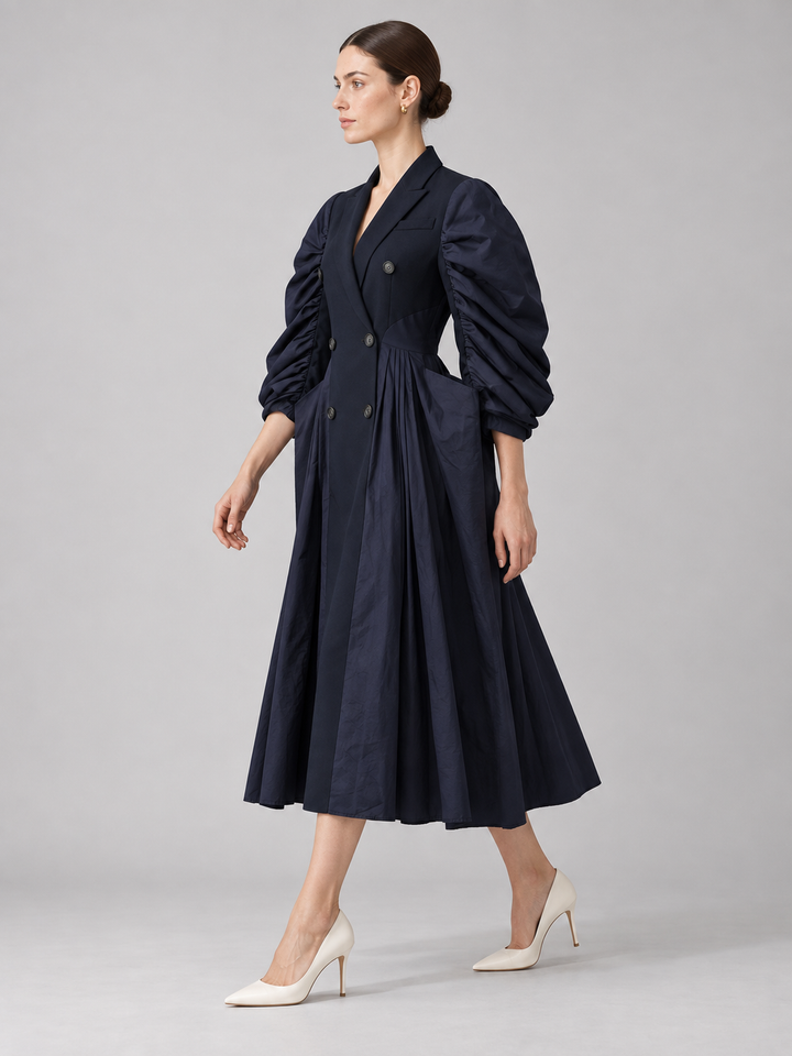 Navy Ruched-Sleeve Midi Dress - 2